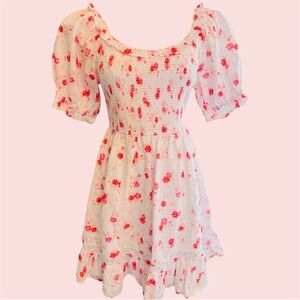 LOVESHACKFANCY Cosette White Cotton & Hot Pink Floral Smocked Ruffle Mini Dress
